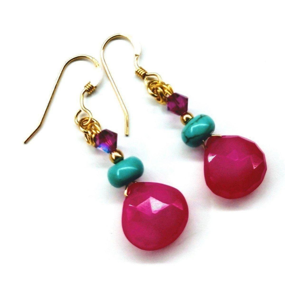 14 KT Gold Filled Wire Wrapped Pink And Turquoise Drop Gemstone