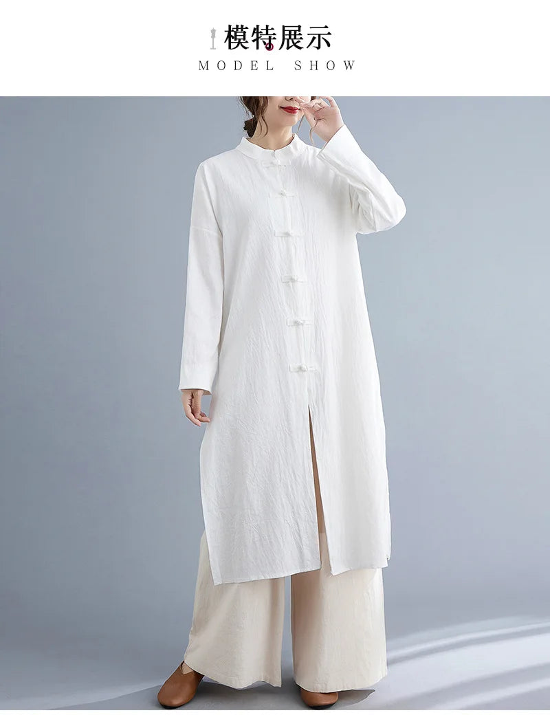 Traditional Chinese Clothing for Women Spring Autumn Cotton Long Sleeve Single-breasted Loose Top Meditation Tea Clothes