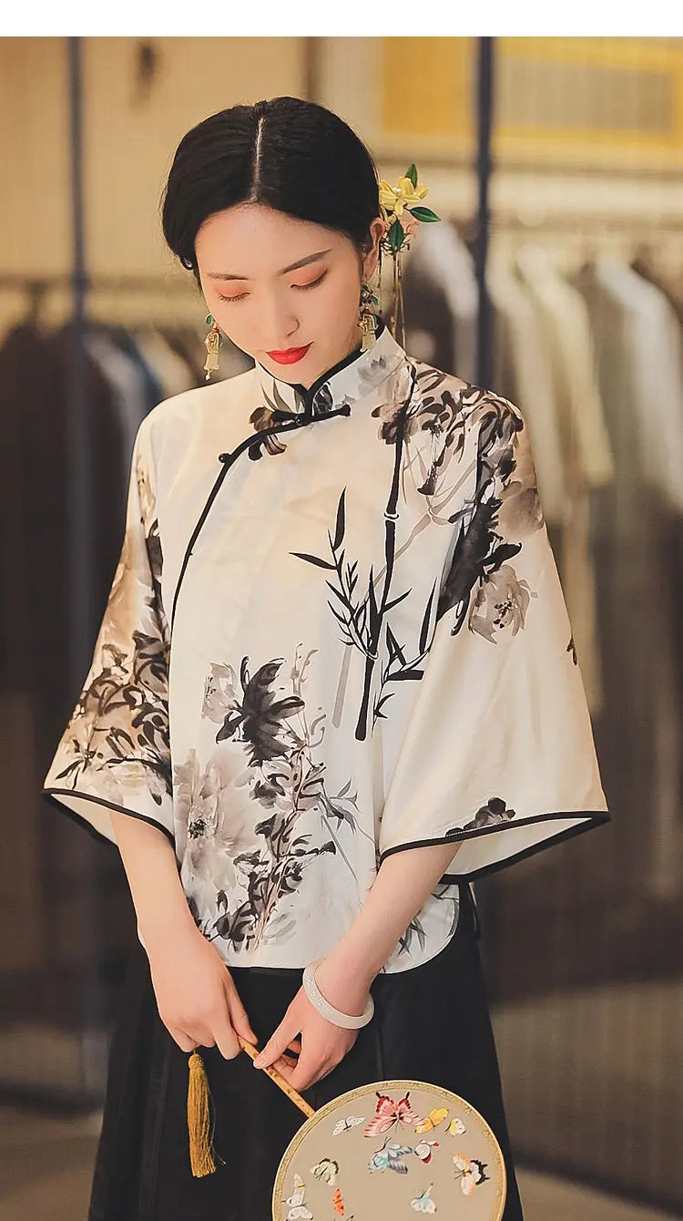 Chinese traditional clothing for women vintage lose qipao shirt cheongsam top floral printing big sleeve blouse retro top