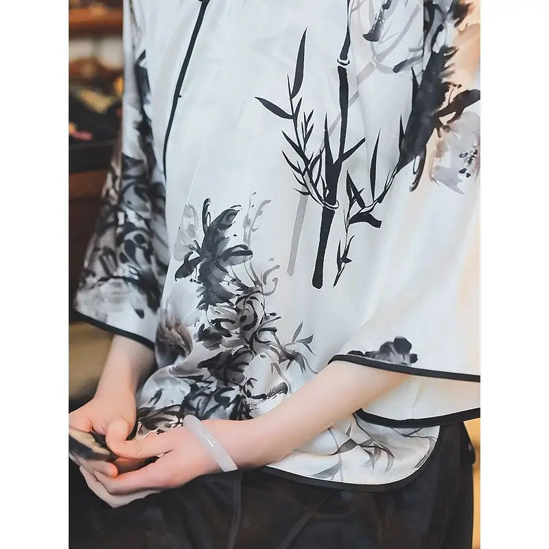 Chinese traditional clothing for women vintage lose qipao shirt cheongsam top floral printing big sleeve blouse retro top