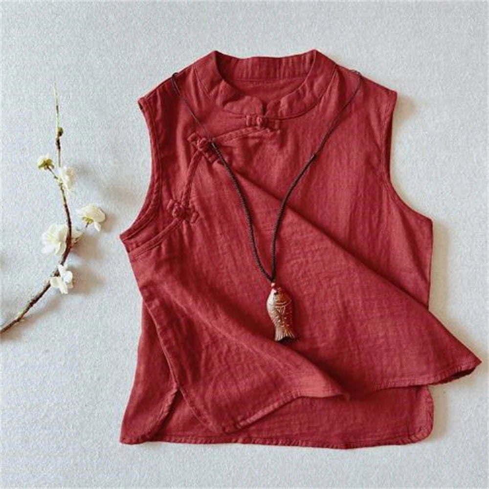 Chinese Traditional Clothing for Women Hanfu Vest Linen Cotton Sleeveless Top Tang Suit Kimono Cardigan Female Slit Top