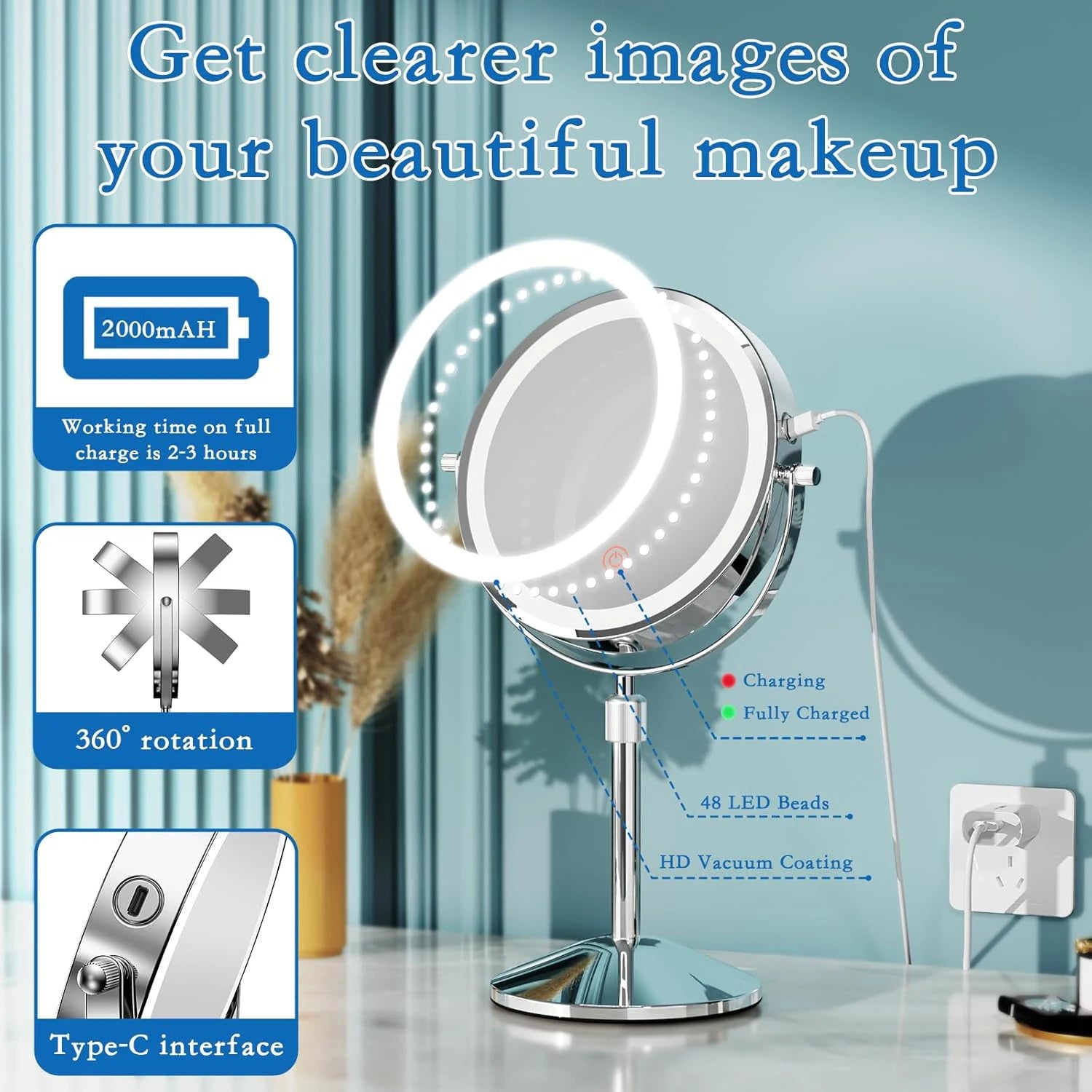 8 Inch Makeup Mirror With Light USB Charging 10X Magnifying Vanity Mirror Backlit Adjustable Light Standing Cosmetic Mirror