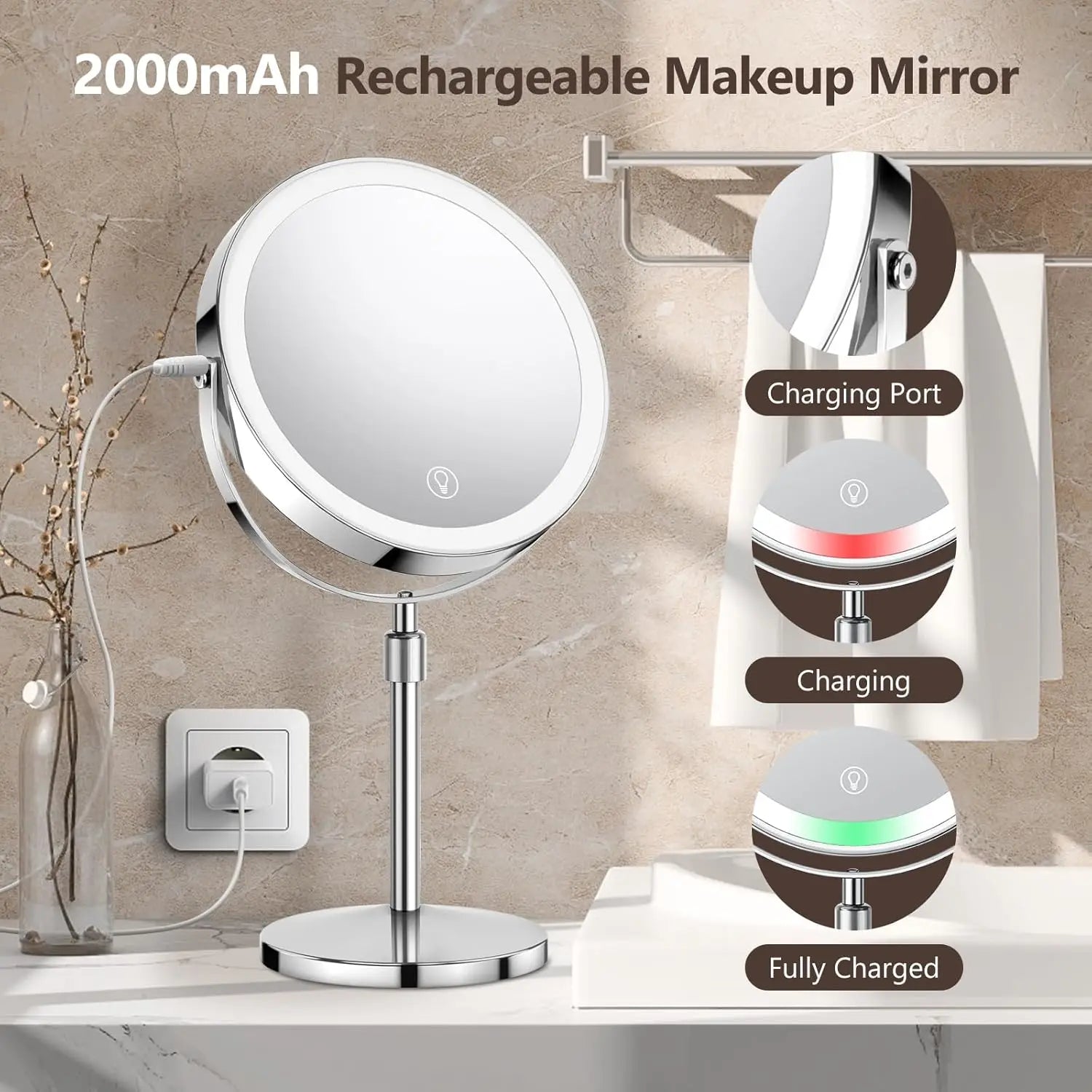 8 Inch Makeup Mirror With Light USB Charging 10X Magnifying Vanity Mirror Backlit Adjustable Light Standing Cosmetic Mirror