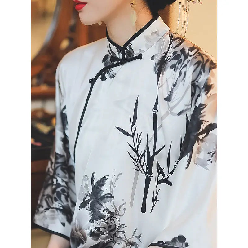 Chinese traditional clothing for women vintage lose qipao shirt cheongsam top floral printing big sleeve blouse retro top