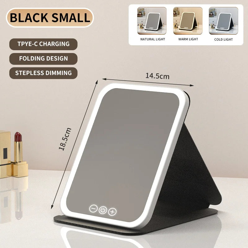 LED Dimmable Makeup Mirror 3 Colors Light Modes Adjust Brightness USB Charing Fold Mirror Tabletop Vanity Mirror for Travel Home