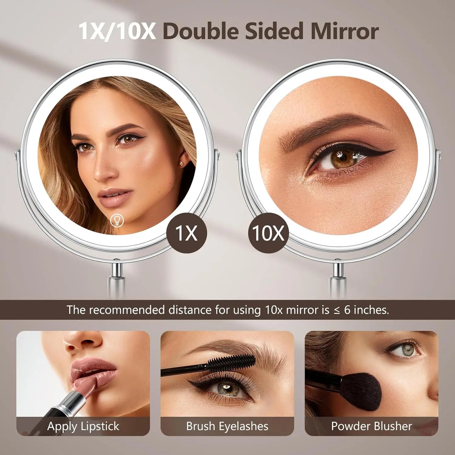 8 Inch Makeup Mirror With Light USB Charging 10X Magnifying Vanity Mirror Backlit Adjustable Light Standing Cosmetic Mirror