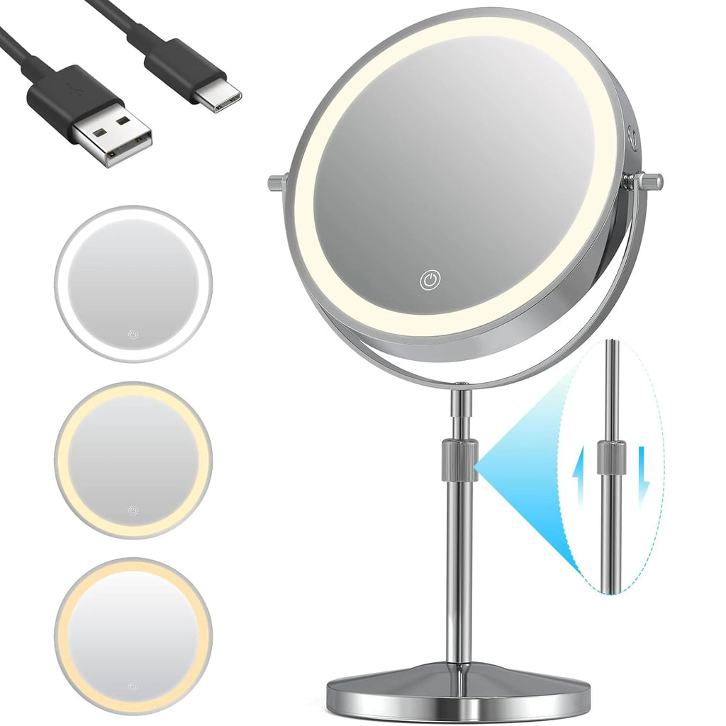 8 Inch Makeup Mirror With Light USB Charging 10X Magnifying Vanity Mirror Backlit Adjustable Light Standing Cosmetic Mirror