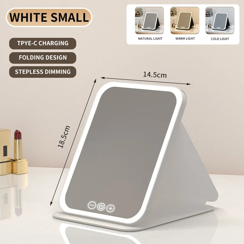LED Dimmable Makeup Mirror 3 Colors Light Modes Adjust Brightness USB Charing Fold Mirror Tabletop Vanity Mirror for Travel Home